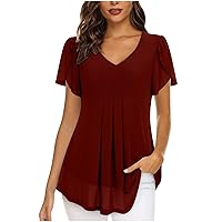 Women Chiffon Shirts Petal Sleeve Dressy Tunic Plain V Neck Flowy Blouses Sexy Classy Work T Shirt Casual Tops