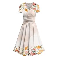 Women's Prom Dresses 2024 Princess Dress Sexy V-Neck Print Waist Pull Pleated Short Sleeve Dress, S-3XL