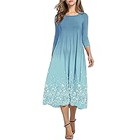 Women's Casual Basic Comfy 3/4 Sleeve Flare A-line Midi Long Maxi Dress Round Neck Ombre Color Loose Dress