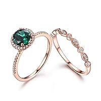 7mm Round Synthetic Green Emerald Wedding Ring Set,14k Rose Gold Marquise Milgrain Diamond Stacking Bands
