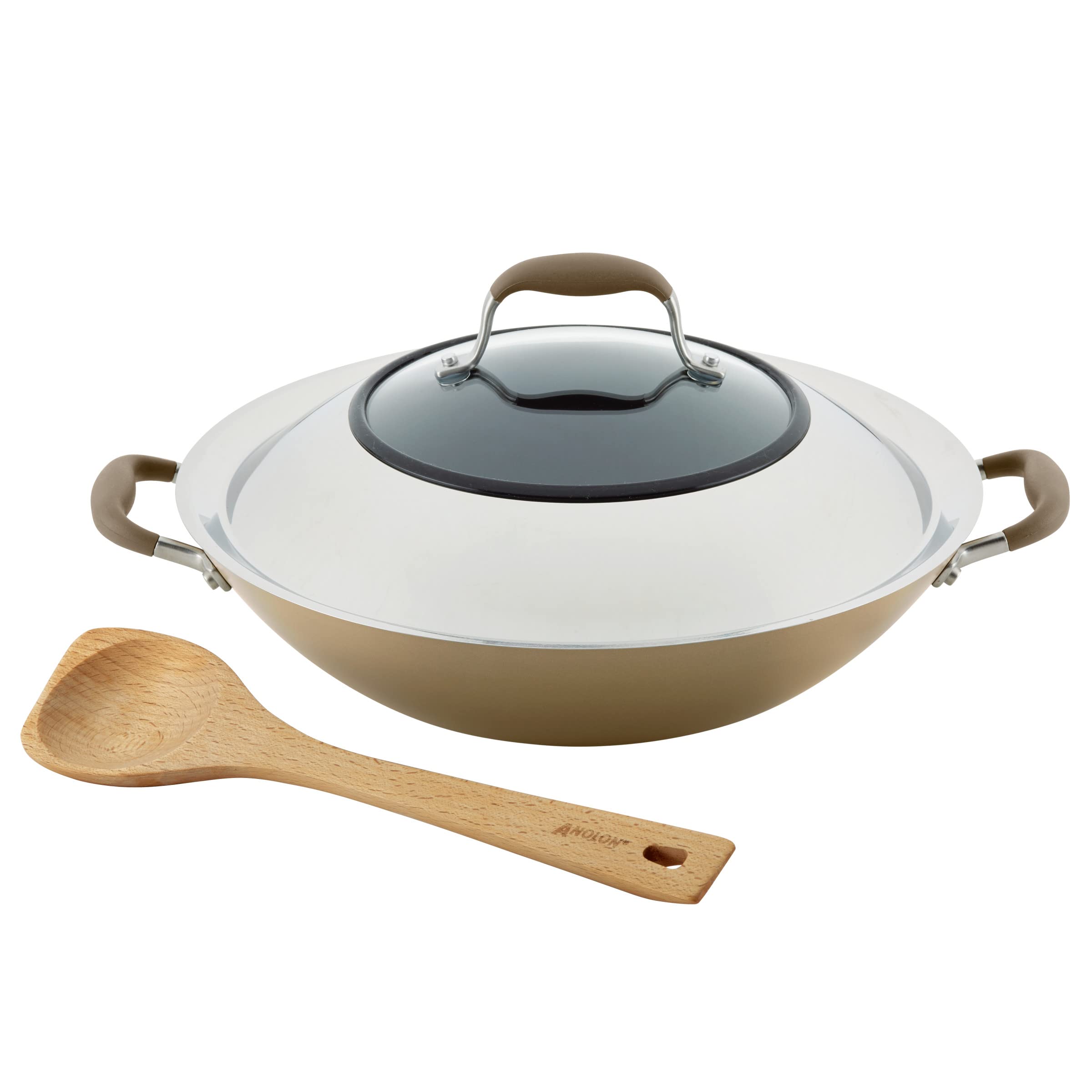 Anolon Advanced Home Hard Anodized Nonstick Wok/Stir Fry with Lid and Cooking Tool, 14 Inch, Bronze