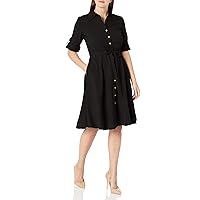 Sharagano Women's Button Front Pleated Shirt Casual Dress, Very Black, 14