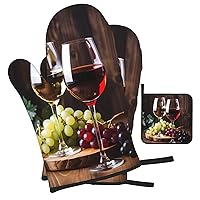 Red Wine Glass Grapes Oven Mitts and Pot Holders Sets of 3 Heat Resistant Kitchen Oven Mitts Gloves Non Slip Hot Pads for Backing Grilling BBQ Cooking