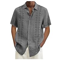 Men's Cuban Guayabera Shirts Casual Short Sleeve Button Down Shirt Band Collar Summer Beach Tops Blouse