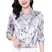 Real Silk Women's Floral Shirt Turn-Down Collar Long Sleeve Shirts Blouses for Women Print Casual Blouse Tops