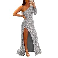 Sparkly One Shoulder Prom Dresses Long Sleeves Sequin Mermiad Homecoming Dress for Teens with High Slit