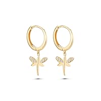 Dragonfly Earrings, Animal Earrings, 14K Real Gold Dragonfly Earrings, Hoops Earrings, Minimalist Gold Dragonfly Earrings