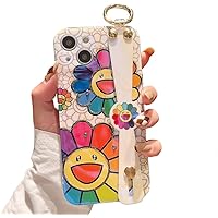 for iPhone 15 Plus Case Cute with Wrist Strap Kickstand Glitter Bling Cartoon IMD Silicone TPU Shockproof Protective Phone Cases Cover for Girls and Women - Sunflower