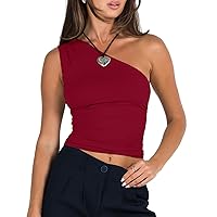 Womens Fashion 2024 One Shoulder Crop Tank Tops Slim Fitted Going Out Top Sleeveless Y2K T Shirt