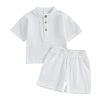 Gueuusu Baby Boy Summer Clothes Cotton Linen Short Sleeve Henley Shirts and Shorts Set Toddler 2Pcs Solid Outfit