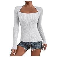 Zewuai Women's Square Neck Long Sleeve Crop Top Slim Fit Ribbed Knit Casual Basic Solid Crop Tee Shirt