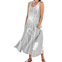 Dresses for Women 2024 Party Night,Womens Elegant Printed Round Neck Pockets Casual Long Dress Daily Tank Dress
