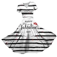 Women's Dresses 2024 Princess Dress Sexy V-Neck Valentine's Day Print Waist Pull Pleated Short Dress, S-3XL
