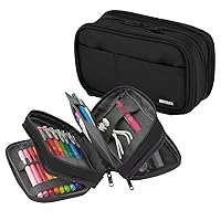 LIHIT LAB Large Capacity Triple Zipper Pencil Case For School Office College, Big Capacity 8 Compartments Pencil Bag Holder Adults Teen Boys Girls, Travel Cosmetics Storage, Jet Black (A7556-124)