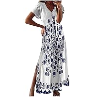Plus Size Maxi Dress for Women Fashion Printed V-Neck Short Sleeve Vacation Dress Loose V-Neck Split Beach Sundress