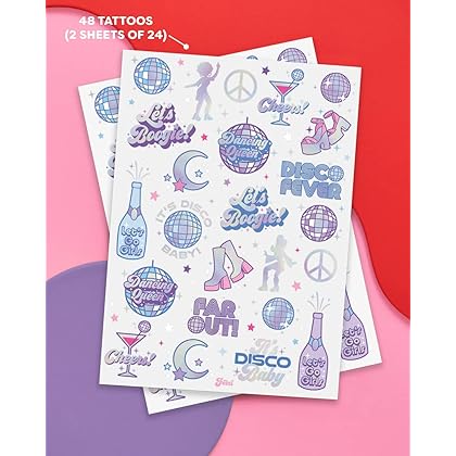 xo, Fetti Disco Birthday Party Temporary Tattoos - 48 Iridescent Foil Pcs | Birthday Girl Party Decorations, Dancing Queen, 70s Groovy Party