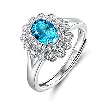 JIANGXIN Swiss Blue Topaz Diamond CZ 925 Sterling Silver Engagement Adjustable Ring Princess Diana Royal Platinum Plated Fine Jewelry for Women