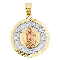 14k Yellow White Rose Gold Virgin Mary Mis 15 Anos Medal Pendant Quinceanera Round Charm18 x 18 mm