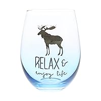 Pavilion - Relax & Enjoy Life - 18 ounce Stemless Wine Glass, Lodge Collection, Cabin Themed Gifts or Rustic Décor for Men or Women, Wine Tasting Gifts, 1 Count (Pack of 1), 3” x 3” x 5”, Blue