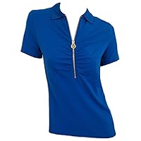 Michael Kors Womens Short Sleeve Shirt Gold Zipper MK Logo Grecian Blue Size S
