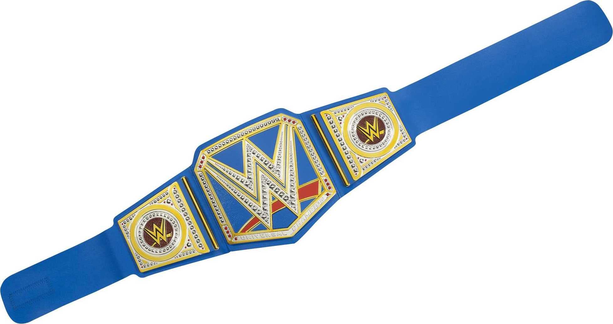 Mattel WWE Universal Championship Role Play Title Belt with Metallic Sideplates and Adjustable Strap for Kids, Blue/Gold