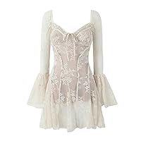 Women's Square Collar Long Sleeves Mini Dress Embroidery Lace Corset Pleated A Line Short Robe
