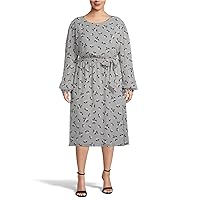 Anne Klein Womens Gray Tie Ruffled Printed Long Sleeve Scoop Neck Midi Shift Dress Plus 0X