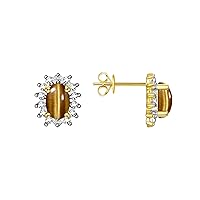 14K Yellow Gold Halo Stud Earrings - 6X4MM Oval Gemstone & Diamonds - Exquisite Birthstone Jewelry for Women & Girls