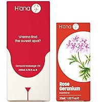 Sensual Massage Oil for Couples (6.76 fl oz) & Rose Geranium Oil for Skin (1 fl oz) Set - 100% Pure Therapeutic Grade Essential Oils Set - H'ana