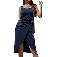 Women 2023 Summer Sleeveless Tank Dresses Crew Neck Slim Fit Short Casual Ruched Bodycon Party Woman's Casual