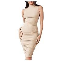 Floerns Women's Solid Sleeveless Mock Neck Knee Length Ruched Bodycon Dress