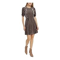 London Times Womens Gray Zippered Textured Lined Striped Short Sleeve Round Neck Short Wear to Work Fit + Flare Dress Petites 14P