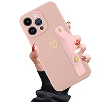 Phone Case Compatible with iPhone 15 Pro Max 6.7 Inch for Women Girls, Cute Gold Love Heart Pattern with Wrist Hand Holder Stand Slim Soft Silicone Shockproof Kickstand Cover (Pink)