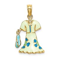 14k Gold 3 d Mint Dress With Blue Flowers and Flip Flop Moveable Charm Pendant Necklace Measures 15.5x12.2mm Wide 7.35mm Thick Jewelry Gifts for Women