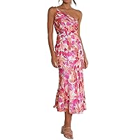 Womens Sexy Sleeveless Slant Shoulder Satin Floral Printed Bodycon Party Clubwear Mermaid Dress