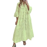 Women 2023 Trendy Casual Long Sleeve Maxi Dresses Hollow Out Flower Pattern Buttons Cocktail Party Dress
