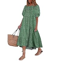 Women's Summer Retro Plus Size Plaid Maxi Dress Plaid Crewneck Short Sleeve Midi Dress Smocked Tiered Flowy Dress