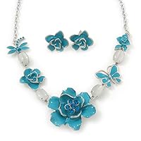 Avalaya Sky Blue Enamel Flower & Butterfly Necklace & Stud Earring Set In Silver Tone/36cm L/ 5cm Ext