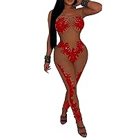 Womens Sexy Strapless Sleeveless Wrapped Chest Sequins Mesh See Through Bodycon Jumpsuit Rompers
