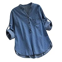 Gemira Denim Shirts for Women Long Sleeve Plus Size O Neck Lightweight Coats Button Up Sweatshirts Cowboy Shirt Blouse