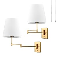 HYDELITE Gold Swing Arm Wall Lamp Brass Wall Sconces with Linen Shade | Plug-in or Hardwired Wall Light Fixtures Bedroom Bedside, House Reading, Living Room, Home Hallway, Dinning Set of 2