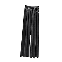 Basic Cotton Wide Leg Pants Women Elastic High Waist Casual Sweatpants Lightweight Loose Beach Trousers with Pockets