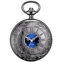 Vintage Pocket Watch with Chain, Roman Numerals Scale Quartz Pocket Watch Use Unique Blue Dial Design， Men Pocket Watch with Chain Apply to Christmas Graduation Birthday Gifts Fathers Day.