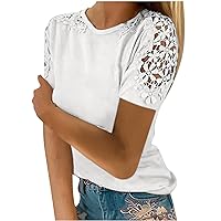 Tops para Mujeres Sexy Casual Lace Patchwork Camisa sólida Blusa Recorte Camisa Manga Corta Camiseta con Cuello Redondo White X-Large