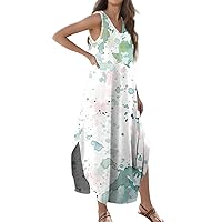 Women's Summer Casual Loose Dresses 2024 Floral Print Sleeveless Beach Sundress V Neck Split Tshirt Maxi Dresses