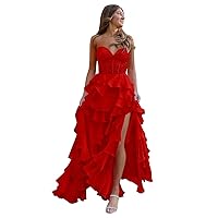 Lace Strapless Corset Prom Dresses for Women 2024 Long Tiered Ruffle Chiffon Formal Evening Dress with Slit