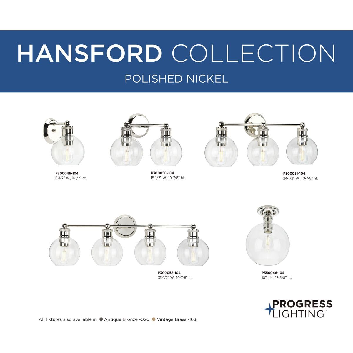 Progress Lighting P300052-104 Hansford Bath & Vanity, 4 Light, Polished Nickel