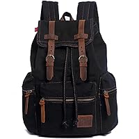 HuaChen Vintage Travel Canvas Leather Backpack for Men,Computers Laptop Backpacks Rucksack,Shoulder Camping Hiking Backpacks for Men Women (M32_Black_L)