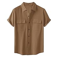 Men's Casual Summer Hawaii Shirt Short Sleeve Button Down Beach Shirt Lightweight Cotton Linen Stretch Tops