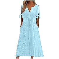 Midi Dresses for Women Wedding Guest Sexy V Neck Cold Shoulder Trendy Plus Size Button Up Short Sleeve Summer Dress